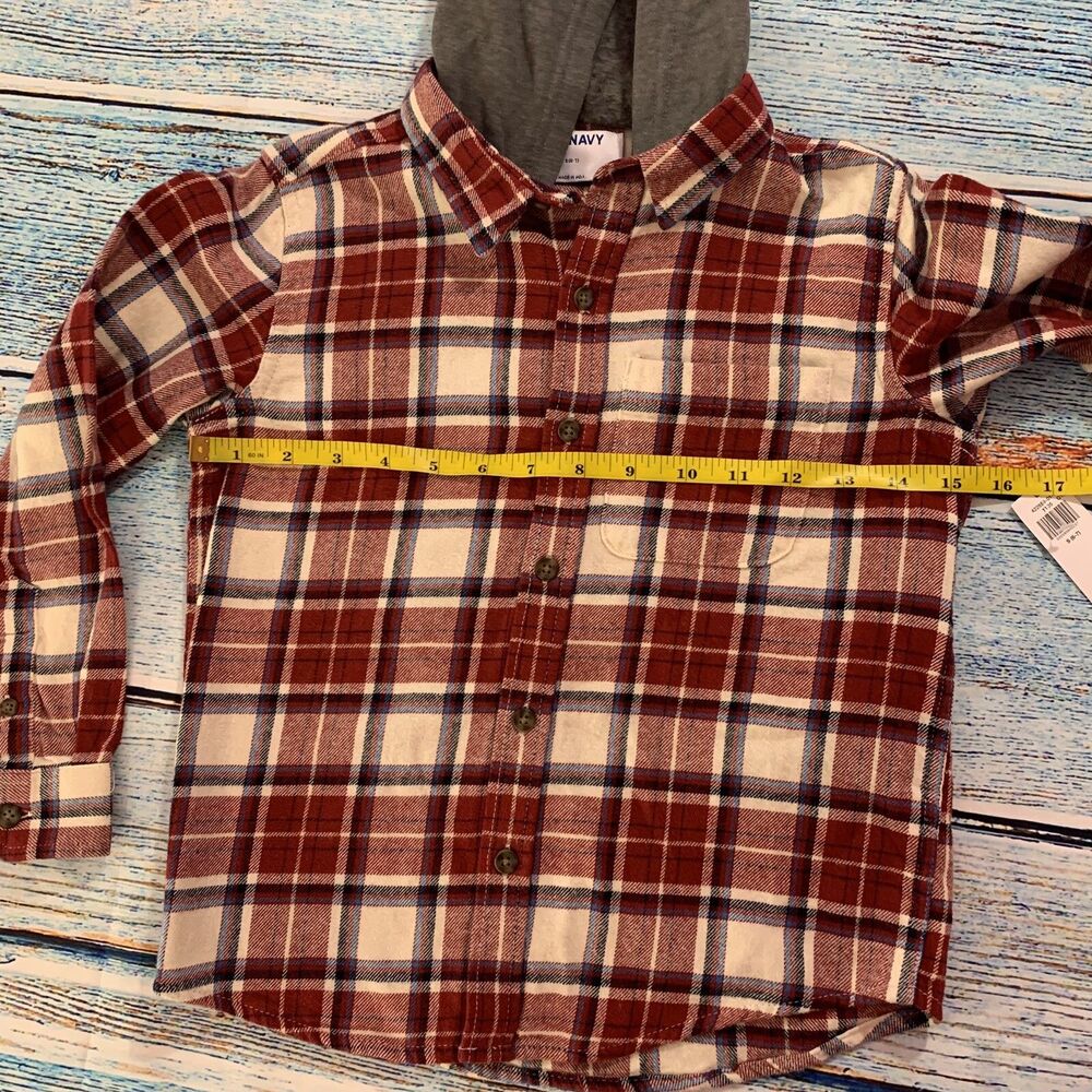 Old Navy Boys Shirt Kids Plaid Flannel Hooded Buttons Red Fleece Cowboy 6 7 S - Picture 8 of 12